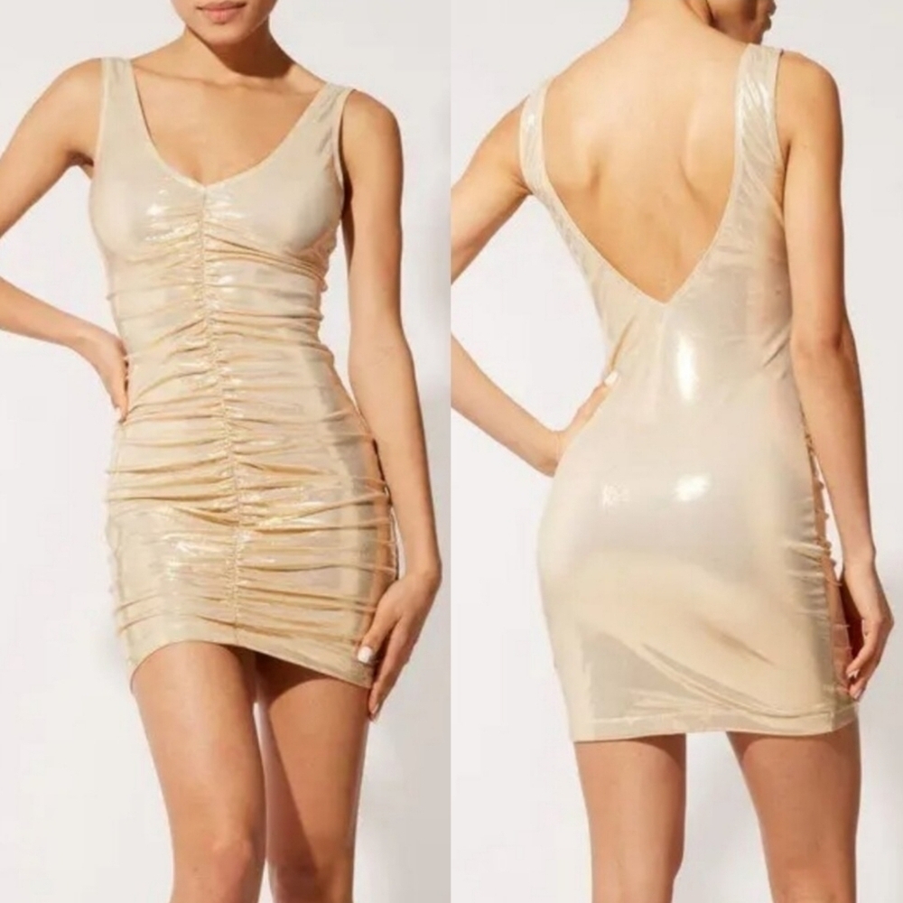 New Solid & Striped The Lucia Gold Liquid Foil Mini Dress/Swim Beach Cover-Up